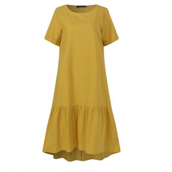 Women's V-neck solid color cotton linen loose dress